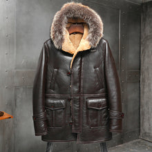 Load image into Gallery viewer, Mens Shearling Sheepskin B3 Bomber Aviator Leather Winter Jacket Fur Collar Hooded Leather Jacket Coats Long Jacket Mink Coat