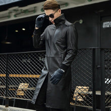 Load image into Gallery viewer, Genuine Leather Windbreaker Men Slim Fit Stand Collar Warm Overcoat Winter Formal Long Coat Men Cow Leather Jacket Plus Size 4XL