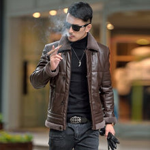 Load image into Gallery viewer, Winter Biker Leather Jacket Men Duck Down Jackets 100% Lamb Fur Collar Coat Faux Sheepskin Coats Chaqueta Cuero Hombre T1089
