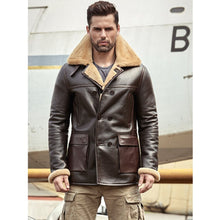 Load image into Gallery viewer, 2019 New Mens B3 Brown Shearling Jacket Sheepskin Coat Long Leather Jacket Fur Coat Thick Mens Winter Coats