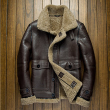 Load image into Gallery viewer, Men winter fur leather clothing male genuine sheepskin shearing air force flight suit jacket motorcycle thick coat brown 3xl 4xl