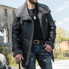 Load image into Gallery viewer, Italian Winter Mens Mid Long Sheep Real Fur Lining Military Jacket Belted Natural Shearling Overcoat Genuine Leather Biker Coats